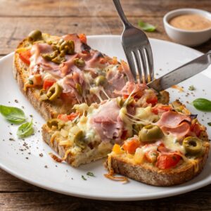 Warm bruschetta toast being cut, showing melted cheese, ham, olives, and tomato topping.