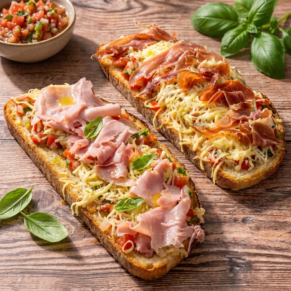 Two bruschetta toasts topped with tomato mixture, cheese, and ham before baking.