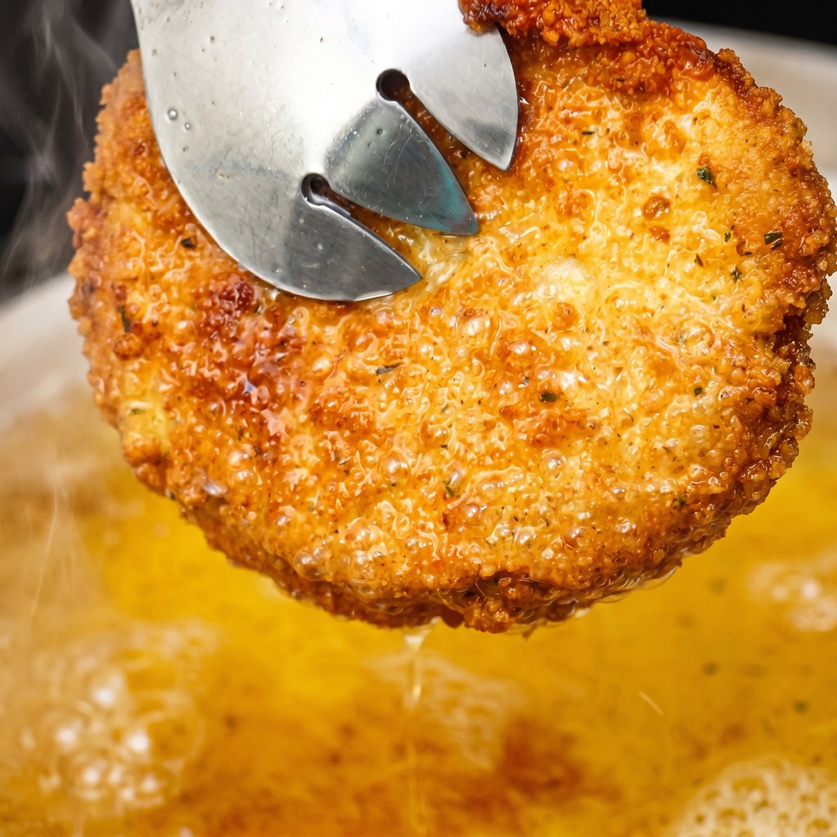 Golden breaded cabbage steak being lifted from hot oil with metal tongs.