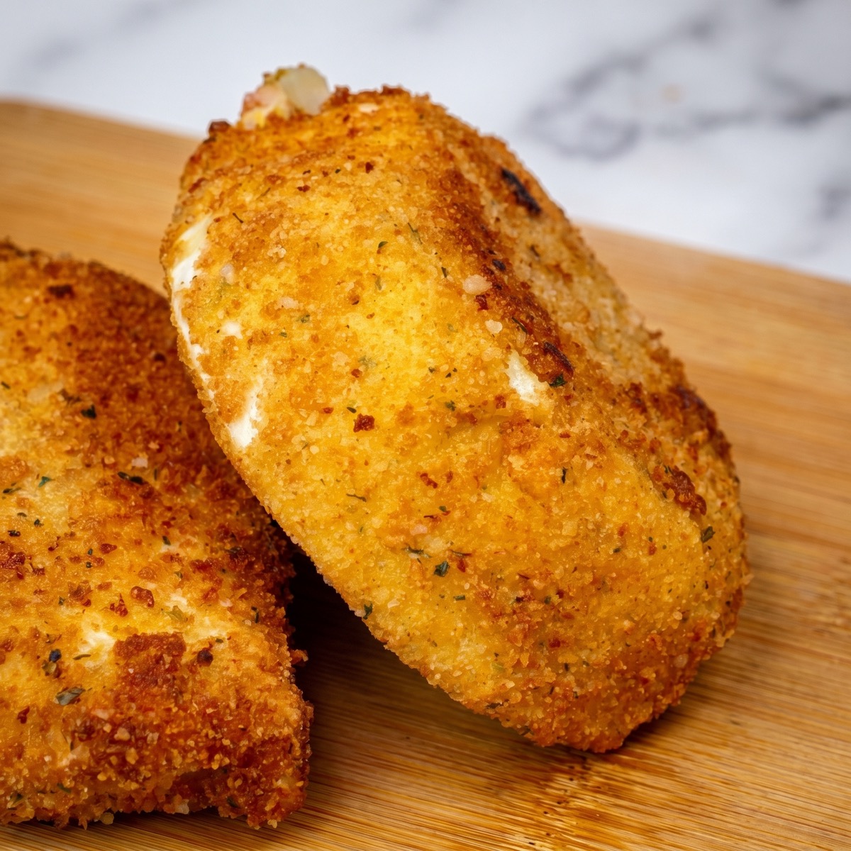Golden crispy fried cabbage steaks resting on a wooden cutting board.
