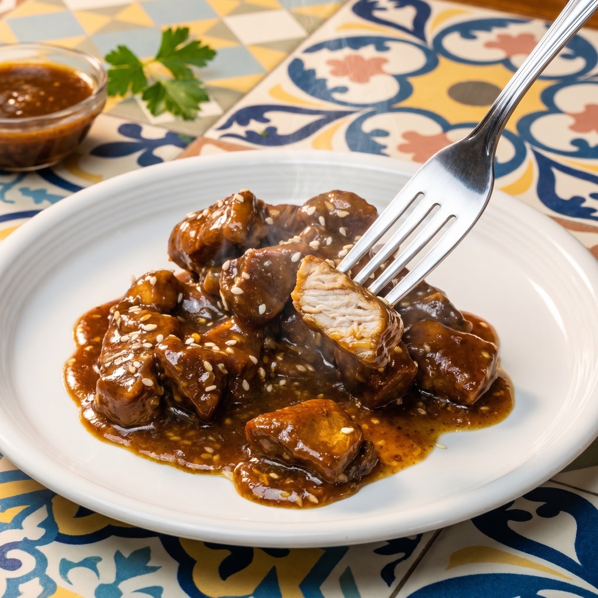 Lemon garlic pork tenderloin bites served hot with a glossy sauce and sesame seeds on a white plate.