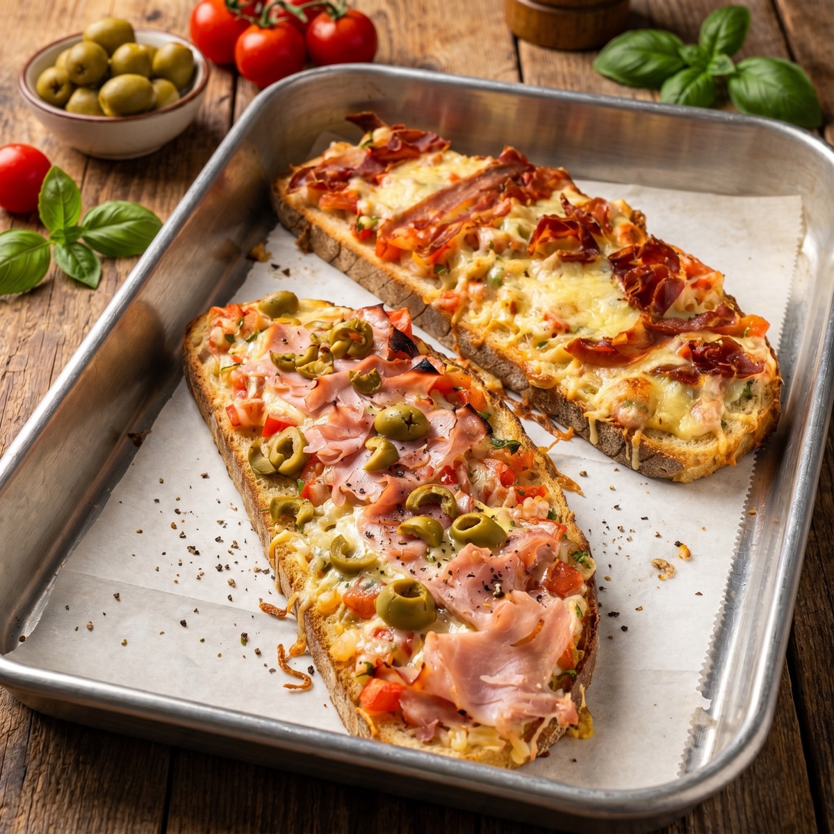 Two baked bruschetta toasts with melted cheese, tomato topping, and cured ham on a sheet pan.