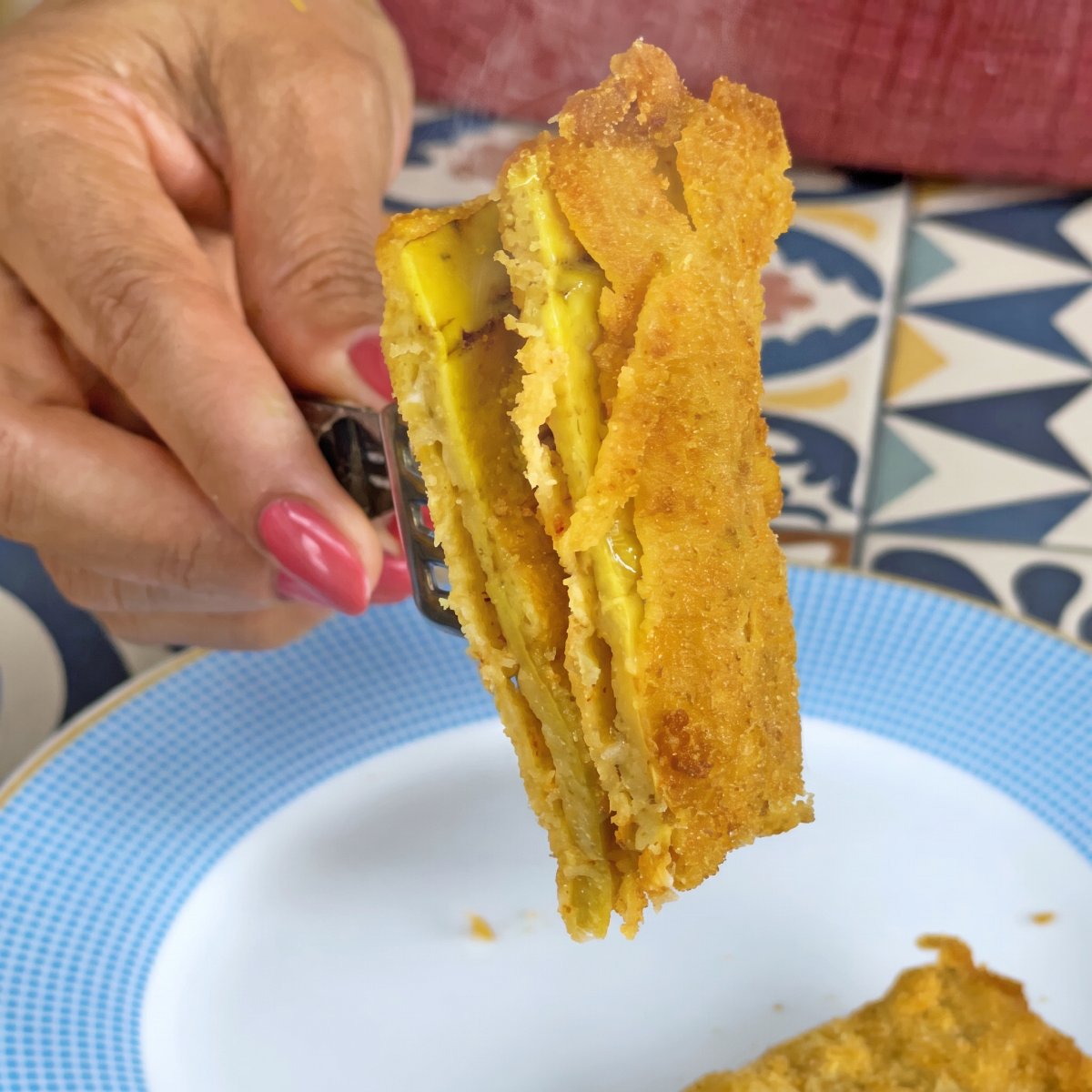 A fried crispy banana peel bite ready to serve.
